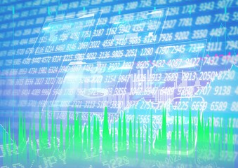 Fototapeta premium Stock market data processing and device icons over blue background, economy and technology concepts