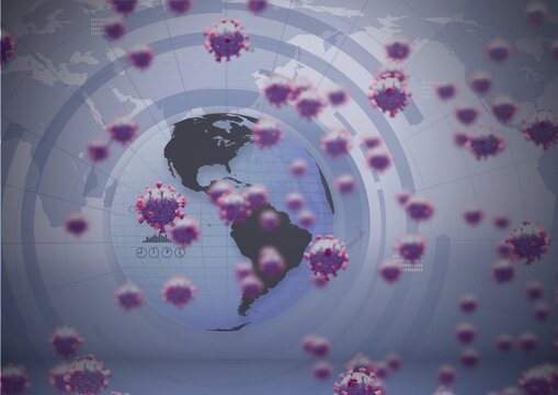 Corona virus cells floating over world map and globe, covid-19 and pandemic concepts