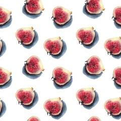 Seamless pattern with fresh figs. Exotic fruits hand drawn background. Illustration of sliced ripe fig. Design for wallpaper, background, fabric, textile, cafe, restaurant, resort, exotic, packaging.