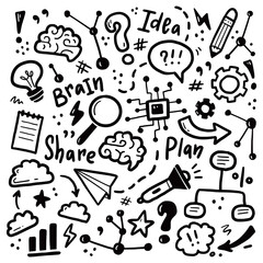 Hand drawn set of brainstorm, idea, brain elements. Doodle sketch style. Isolated vector illustration for a innovation, brainstorm, start up concept.