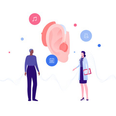 Otolaryngology consultation and deaf study concept. Vector flat medical people illustration. Ear with hearing aid device. Female doctor and senior african american male patient. Design for health care