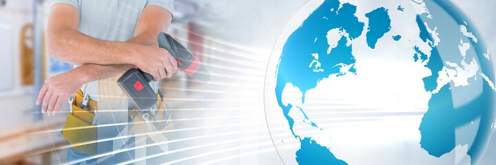 Composition of globe and arrow over handyman holding drill