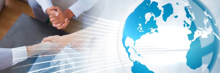 Composition of globe with arrow over businesswomen shaking hands