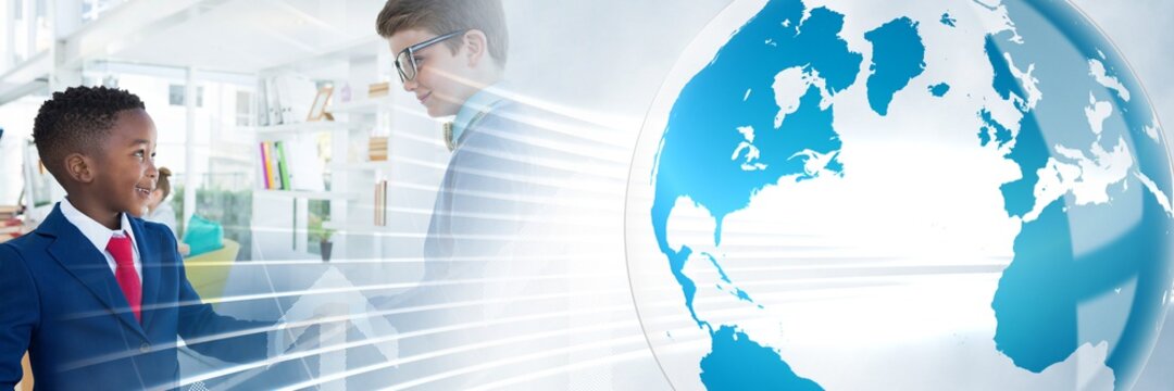 Composition of globe and arrow over schoolboys shaking hands - Powered by Adobe