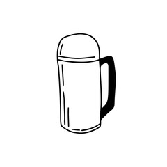 Tourist thermos. Vector contour drawing on an isolated white background. Doodle illustration for tourist decor, sticker, print.