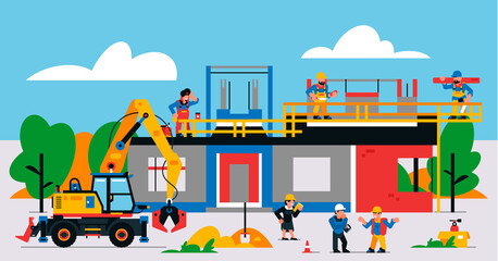 The house is under construction. Construction site with heavy machinery and workers. Builders, transport, building site, unfinished house, tools, people, sand, excavator. Vector illustration.