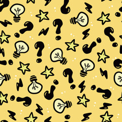 Hand drawn seamless pattern of brainstorm, idea, strategy. Doodle sketch style. Isolated vector illustration for a innovation, brainstorm, business wallpaper, background, textile design.