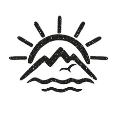 Sun, sea, seagull, mountains. Vector grunge icon, logo on the theme of natural travel and tourism. Hand drown.