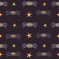 Halloween seamless pattern background. Funny spiders and stars isolated on purple for design halloween invitations, cards, menu etc. Vector cartoon illustration