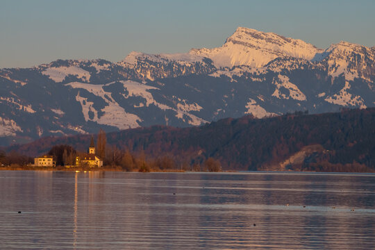 Stunning alpine landscapes along the shores of the Upper Zurich Lake with the iconic Santis peak in the background, Rapperswil-Jona, St. Gallen, Switzerland