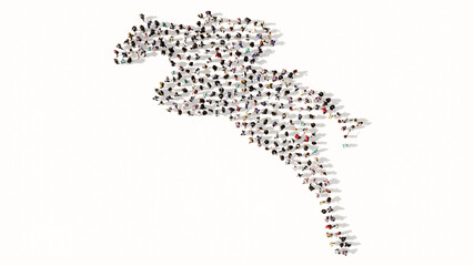 Concept conceptual large community of people forming the sign of a horse rider. 3d illustration metaphor for sport, competition,  training, relaxation,  hobby and fun