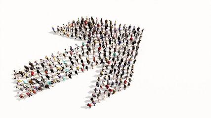 Concept conceptual large community of people forming the road sign. 3d illustration metaphor for navigation, strategy, journey, guidance, choice and decision