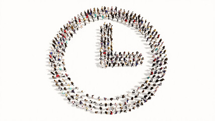 Concept conceptual large community of people forming the clock icon. 3d illustration metaphor for time, countdown,  chronometer, business and deadline