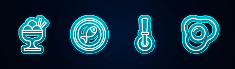 Set line Ice cream in bowl, Served fish on plate, Pizza knife and Scrambled eggs. Glowing neon icon. Vector