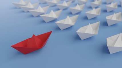 Red paper ship leading a fleet of small white ships on a blue background. 3D render
