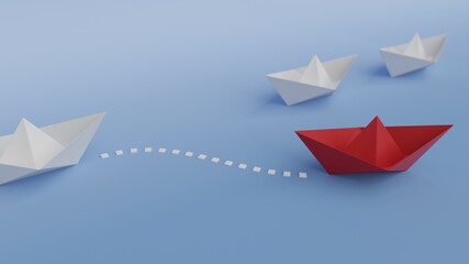 Obraz premium Business for innovative solution concept, new idea, thinking differently, and unique way. Group of white paper ships in one direction and one red paper ship pointing in a different way. 3D render
