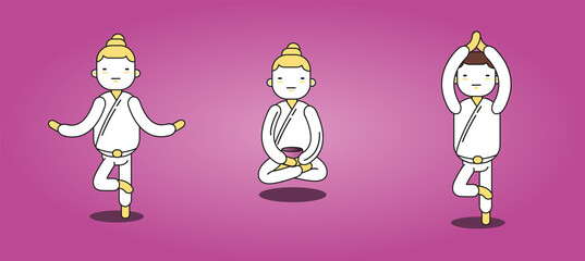 Vector illustration. Set of characters, poses and asanas in yoga on a pink background. Flat person