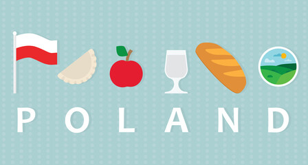 travel to Poland concept; flag, dumplings, apple, vodka, bread and rural landscape - vector illustration