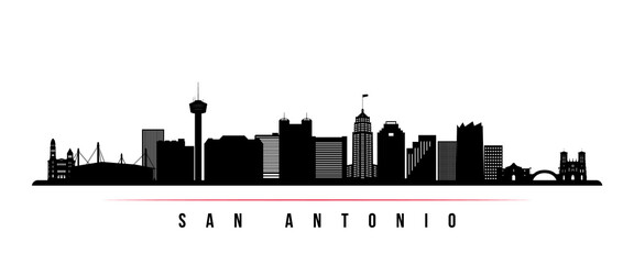 Naklejka premium San Antonio skyline horizontal banner. Black and white silhouette of San Antonio, Texas. Vector template for your design.