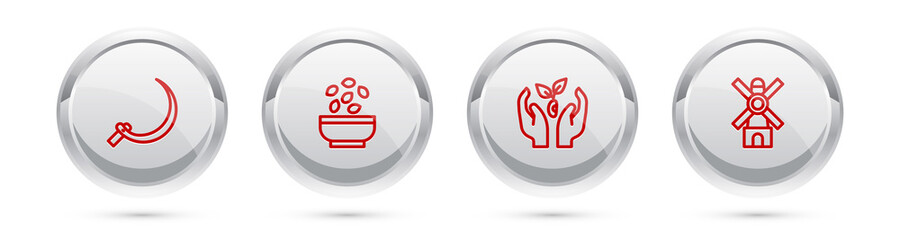 Set line Sickle, Seeds in bowl, Plant hand and Windmill. Silver circle button. Vector