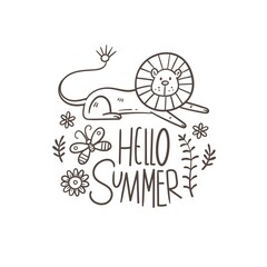 Greeting card with cute cartoon lion. Hello summer. Vector seasonal print. Funny doodle animal poster.
