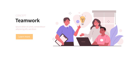 People Characters Meeting Online and Planning Project Tasks Together. Colleagues Sharing their Business Ideas. Business Teamwork Concept. Flat Cartoon Vector Illustration.
