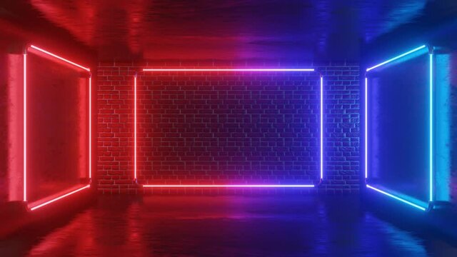 Abstract background with bright blue and red spectrum. A neon rectangle appears on a brick wall. UV light glowing neon colors. Abstract background with neon rectangle is great for product presentation