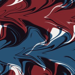 Seamless abstract pattern in flat red blue black white. High quality illustration. Abstract modern blobs of red and blue overlaid to form a modern attractive abstract seamless surface design.