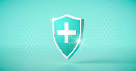 Protection safe shield or safety guard virus defense on secure background with white medical cross. 3D rendering.