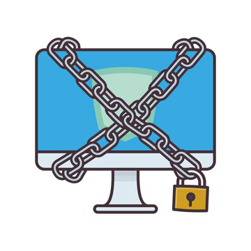 Computer in chains isolated vector illustration