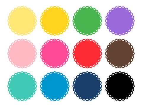 Scalloped edge circle multicolored set. Clipart image isolated on white background