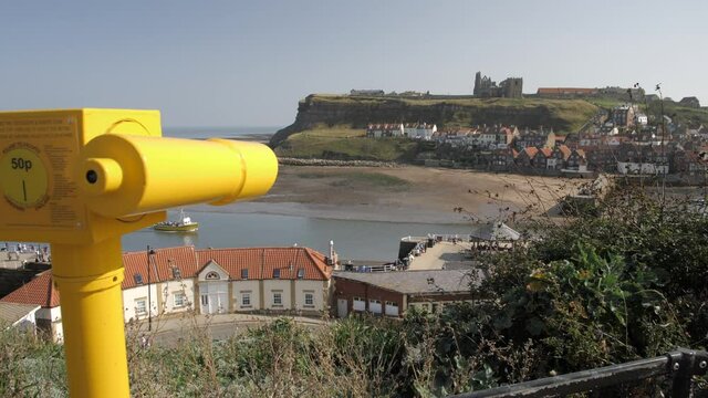 Whitby Abbey, St. Mary's Church and Esk riverside houses, Whitby, North Yorkshire, England, United Kingdom, Europe