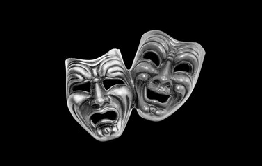 Fototapeta na wymiar Black and White Photo - Comedy and Tragedy theatrical venetian mask with red theater curtain