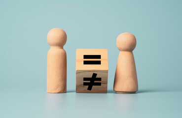Flipping of unequal to equal sign between man and woman wooden figure. Human and business right...