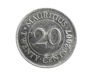 mauritius twenty cents coin on white isolated background