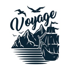 Ship for sea print. Marine sailboat for sailor t-shirt. Nautical design emblem with float boat or vessel