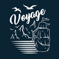 Ship for sea print. Marine sailboat for sailor t-shirt. Nautical design emblem with float boat or vessel