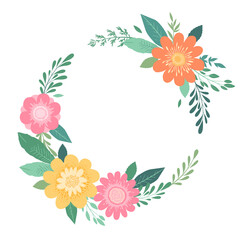 Fototapeta na wymiar Vector illustration with round wreath from hand drawn colorful flowers, branches and leaves isolated on white background. Floral design template for wedding invitation, card, brochure