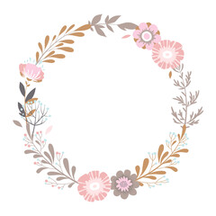 Vector illustration with round wreath from hand drawn colorful flowers, leaves and branches isolated on white background. Floral design template for card, wedding invitation, brochure