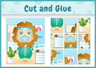 Children board game cut and glue with a cute lion using costume medical team
