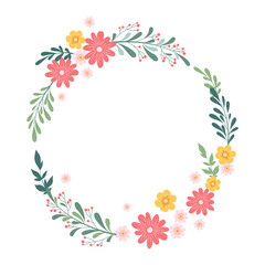 Vector illustration with round wreath from hand drawn colorful flowers, leaves and branches isolated on white background. Floral design template for wedding invitation, card, brochure