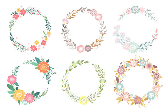 Vector collection of round wreaths from hand drawn colorful flowers, leaves and branches isolated on white background. Floral design templates for wedding invitation, card, brochure