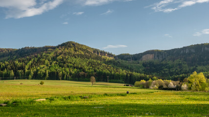 View of the Table Mountains (Radkowskie Skaly). Spring, Radków, Poland.

