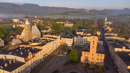 The city of Radków in Poland. In the background Szczeliniec Wielki and the Table Mountains.