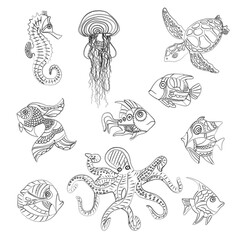 Sea life fish octopus turtle illustration set