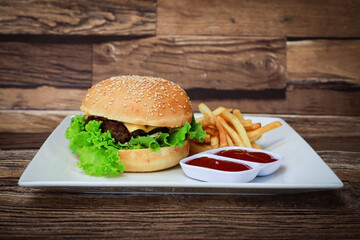 hamburger with fries