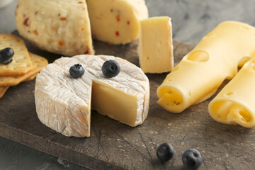 Сlose-up of various delicious cheeses and blueberries on the brown table