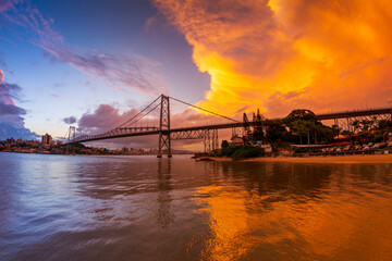Sunset Over Hercilio Luz Bridge in Florianopolis, Santa Catarina - Brazil