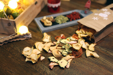 Raw Organic Dried fruits, apples, Mangos on a table. dehydrated fruits