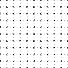 Square seamless background pattern from black plane symbols are different sizes and opacity. The pattern is evenly filled. Vector illustration on white background